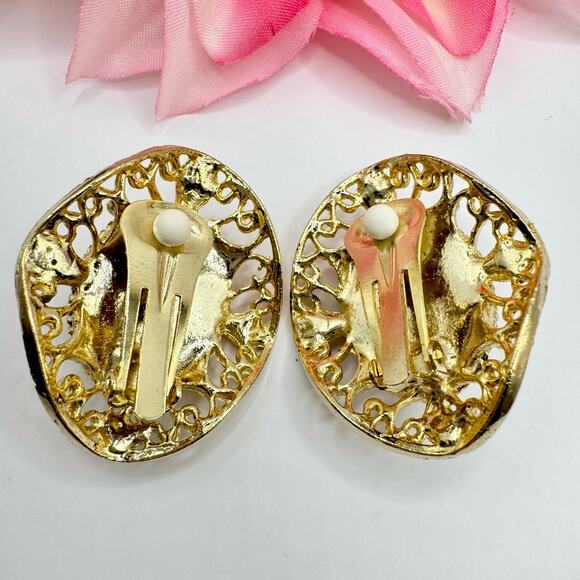 Vintage Faux Pearl Cabochon Filigree Rhinestone Huge Romantic Chic Clip Earrings - Picture 8 of 13